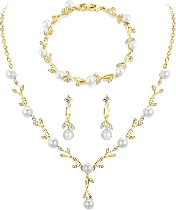 Hadskiss Jewelry Set for Women, Necklace Dangle Earrings Bracelet Set with White AAA Cubic Zirconia, Allergy Free Wedding Party Jewelry for Bridal Bridesmaid