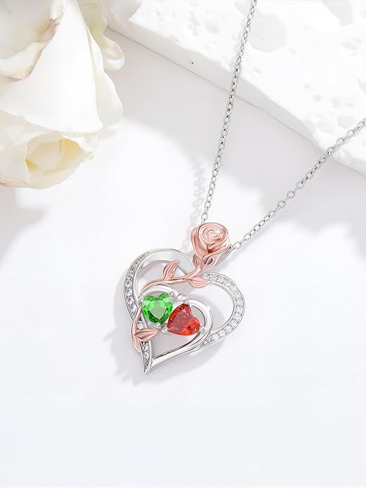 Rose Flower Heart Pendant for Women Birthday Gifts 18k Gold Plated Mother Daughter Necklace with 12 Months Birthstone Christmas Valentines Day Gifts for Her Mom Anniversarry Jewelry for Mom Wife Girlfriend