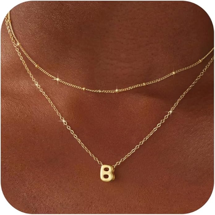 Valentines Day Gifts for Her - Bubble Letter Necklace Layered 14K Gold Plated Initial Necklaces for Women Dainty Cute Choker Pendant Stack Jewelry Fashion Accessories Teen Gift Trendy Stuff