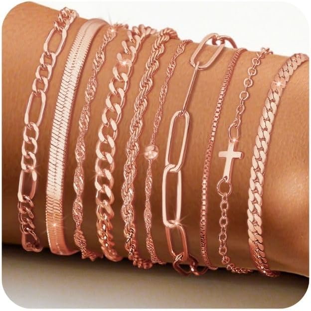 XIANNVXI 10pcs Rose Gold/Gold/Silver Bracelets Stack for Women Dainty Thin Rose Gold Bracelets Set Silver Chain Bracelet Paper Clip Stackable Figaro Herringbone Paperclip Bracelet Pack for Womens