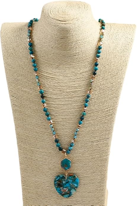 Yomisa Boho Necklaces for Women Men Long,33/34/35 Inch Natural Turquoise Tiger Eye Beaded Stone Pendant Necklaces for Women Trendy,Handmade Bohemian Western Bead Necklace Fashion Charm Jewelry Gift