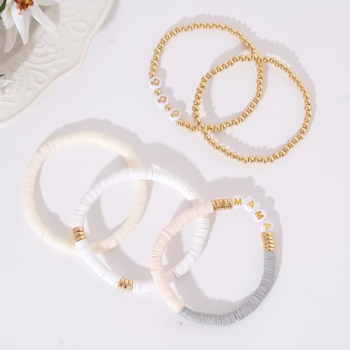 GOOJIDS Surfer Heishi Clay Bead Bracelets for Women Bohemian Stackable Gold Plated Beaded Stretch Bracelets Elastic Layering Friendship Bracelets Set Boho Jewelry