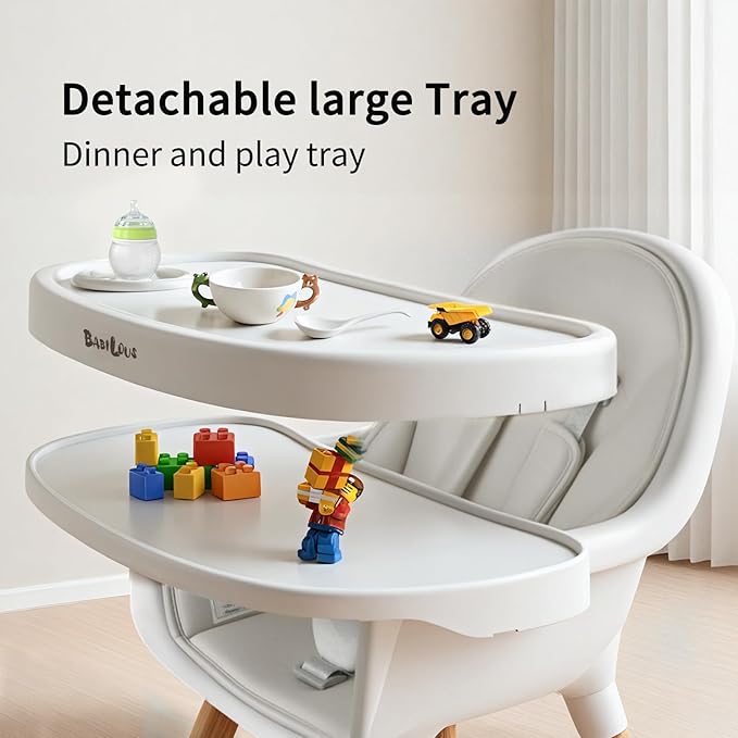 Baby High Chair, Wooden Highchair with Removable Tray, Adjustable Legs, Cushion, 5-Point Harness and Footrest for Infants, Baby, Toddlers, Gray