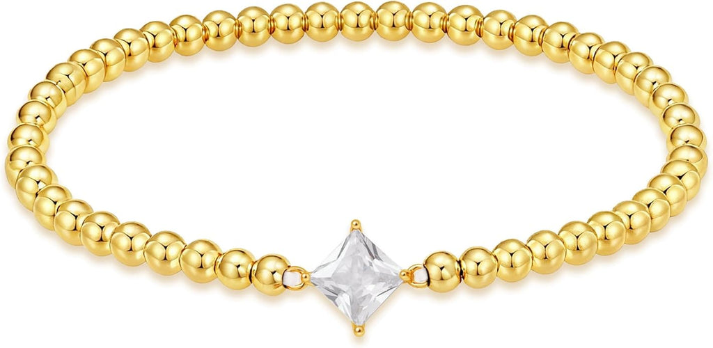 HZDK Gold Bracelets for Women - 14K Gold Plated Beaded Bracelets for Women Gold Jewelry Stackable Charm Bracelet Dainty Stretch Bead Bracelet Christmas Gifts for Her