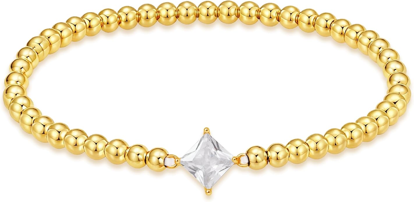 HZDK Gold Bracelets for Women - 14K Gold Plated Beaded Bracelets for Women Gold Jewelry Stackable Charm Bracelet Dainty Stretch Bead Bracelet Christmas Gifts for Her