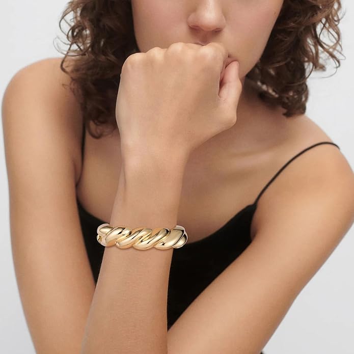 HZMAN 18K Gold Plated Wide Cuff Bracelet for Women - Premium Alloy Shiny Polished Double Layer Statement Bangle, Trendy Daily Wear Party Jewelry Accessory
