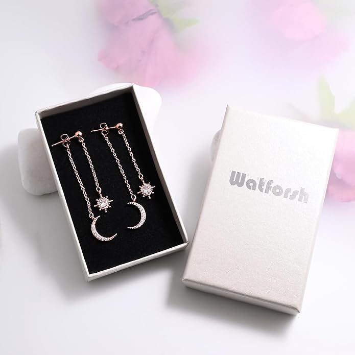 Moon and Star dangle Earrings for Women Chain Tassel with Cubic Zirconia Drop Celestial Jewelry for Wedding Gift