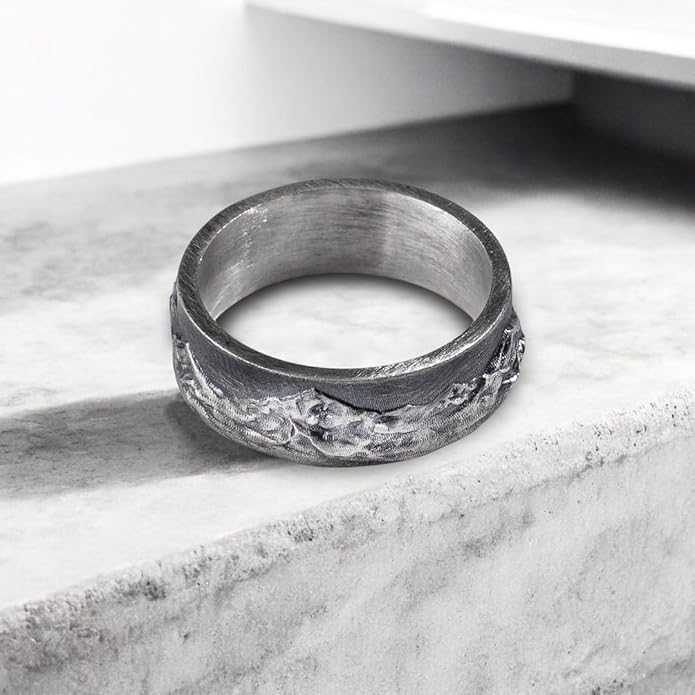 Mountain Range Band Ring For Men, 925 Sterling Silver Nature Inspired Vintage Mens Rings, Rustic Mens Wedding Band, Handmade Oxidized Silver Jewelry For Men, Unique Gifts for Him