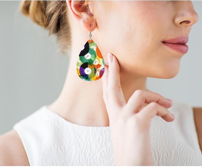 Earrings For Women Music, Retro Watercolor Colorful Music Record Graffiti Fashion Leather Teardrop Earrings Lightweight Earrings For Women Friends Bridal