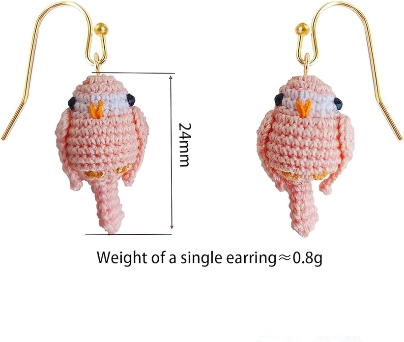Hand-crocheted yellow and blue parrot earrings, miniature crocheted artistic cute playful parrot gifts accessories