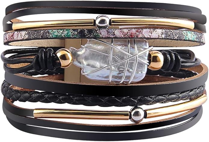 Fesciory Leather Wrap Bracelets for Women, Boho Leopard Multi-Layer Crystal Beads Cuff Bracelet Jewelry