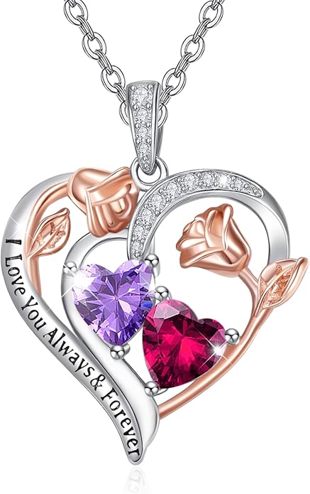 Valentine's Day Gifts for Wife 925 Sterling Silver Double Birthstone Pendant Necklaces I Love You for Always and Forever Necklace Anniversary Birthday Gifts for Wife Girlfriend Mom Her