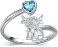 Highland Cow Ring 925 Sterling Silver Adjustable Ring Birthstone Ring Engraved Name Highland Cow Gifts Jewelry for Women