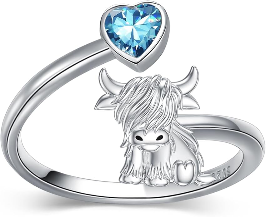 Highland Cow Ring 925 Sterling Silver Adjustable Ring Birthstone Ring Engraved Name Highland Cow Gifts Jewelry for Women