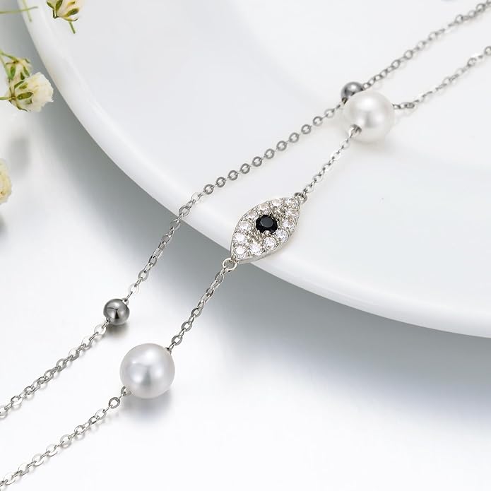 Evil Eye Anklets for Women, Solid 14kt Gold Evil Eye Pearl Ankle Bracelet Lucky Protection Jewelry for Her, Wife, Mom, Girls, 8"-10"