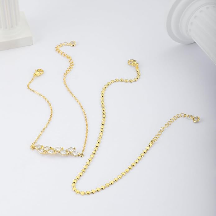 MIDEEO Gold/Silver Ankle Bracelets for Women,14K Gold Anklets for Women Waterproof Cuban Link Heart Beads Herringbone Rhinestone Anklets Set Layered Anklet Bracelets for Women Gold Jewelry Gift