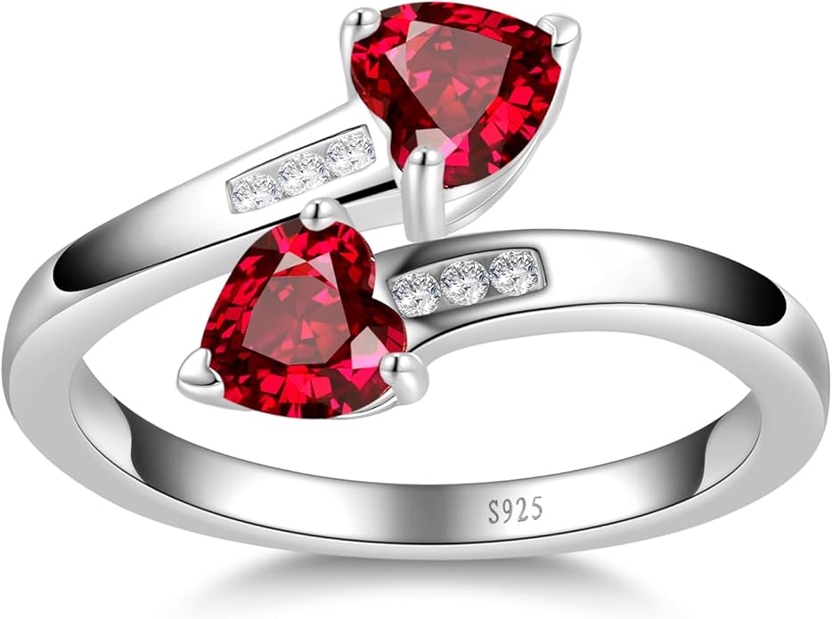 1CT Adjustable Women Heart Ring 925 Sterling Silver Birthstone Rings for Women Promise Ring for her Simulated Gemstone Statement Stackable Band Width 2mm Open Size 5~9