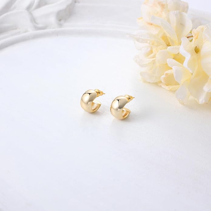 Gamicy Small 14K Gold Plated Hoop Earrings for Women with 925 Stering Silver Post, 14K Real Gold Plated Chunky Lightweight Hoops Earrings