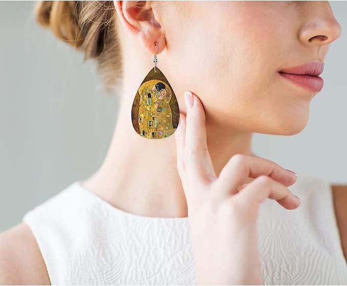 Batik Painting Leather Teardrop Hook Earrings Vintage Abstract Couple Kiss Floral Folk Art Elegant Earrings For Women Friends Dangle Earrings