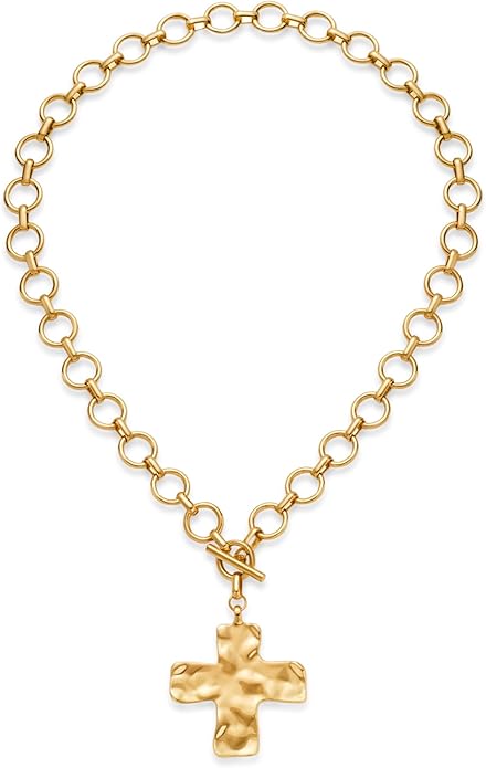 18k Gold Chunky Cross Necklace for Women Hammered Cross Choker Necklaces Bold Statement Necklace Trendy Jewelry