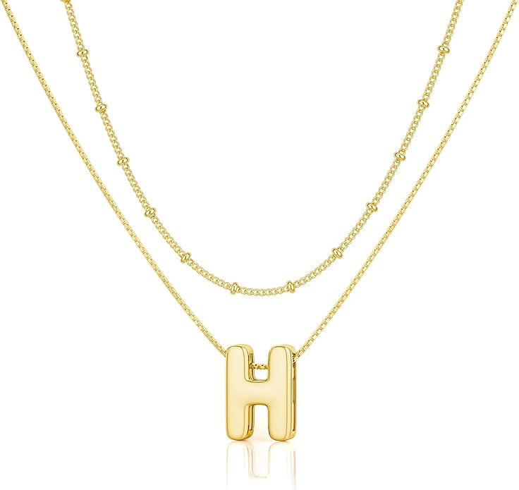 Initial 14K Gold Plated Necklaces for Women, Layered Bubble Letter A-Z Necklace Pendant Choker Necklaces for Women Trendy Monogram Name Necklace Personalized Jewelry for Women
