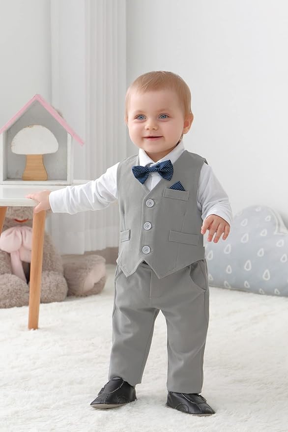 DISAUR Baby Boy Clothes Toddler Boy Outfits 4PCS Gentleman Dress Romper/Vest/Pants/Bow Tie Cotton Suit Sets