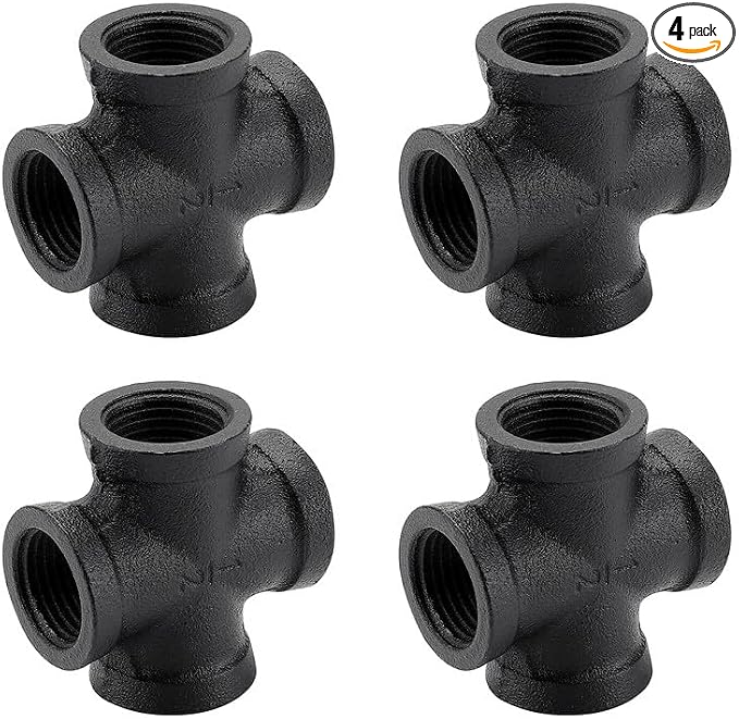 1/2" Black Pipe Fittings 4-Way Cross Fitting Home Expert 4 Pack | Malleable by HomeExpert