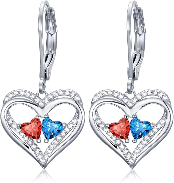Valentines Day Gifts for Women, Heart Leverback Earrings Double Birthstone Dangle Earrings for Women, Love Jewelry for Her, Anniversary Birthday Gift for Mom Wife Girlfriend