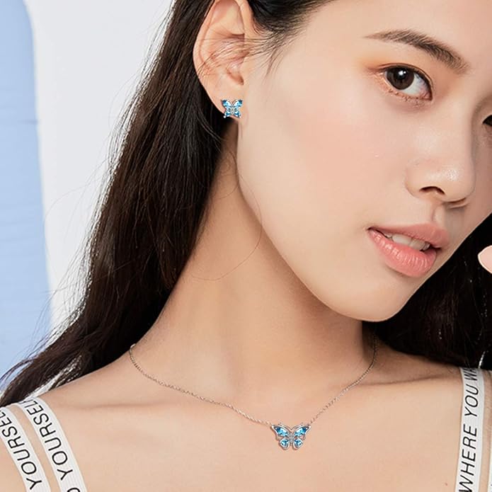 925 Sterling Silver Birthstone Butterfly Jewelry Women Crystal Animal Cute Butterflies Birthday Necklace/Earring/Ring/Bracelet Sets Birth Stone Statement Anniversary Jewellery