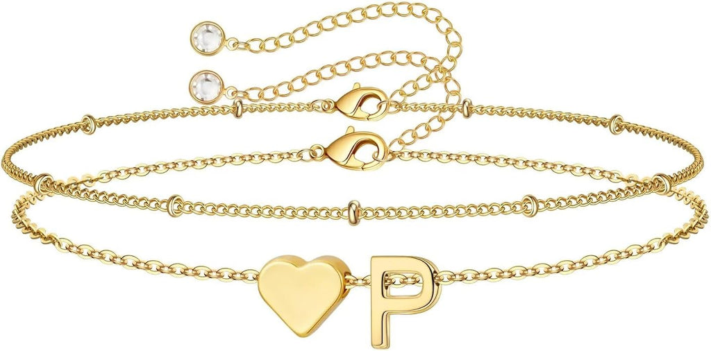 M MOOHAM Valentines Day Gifts for Kids Teen Girls -14K-Gold-Plated Heart Initial A-Z Bracelets for Women Girl Dainty Gold Bracelets Birthday Valentines Gifts for Women Her Teenage Girls Kid Teen Gift