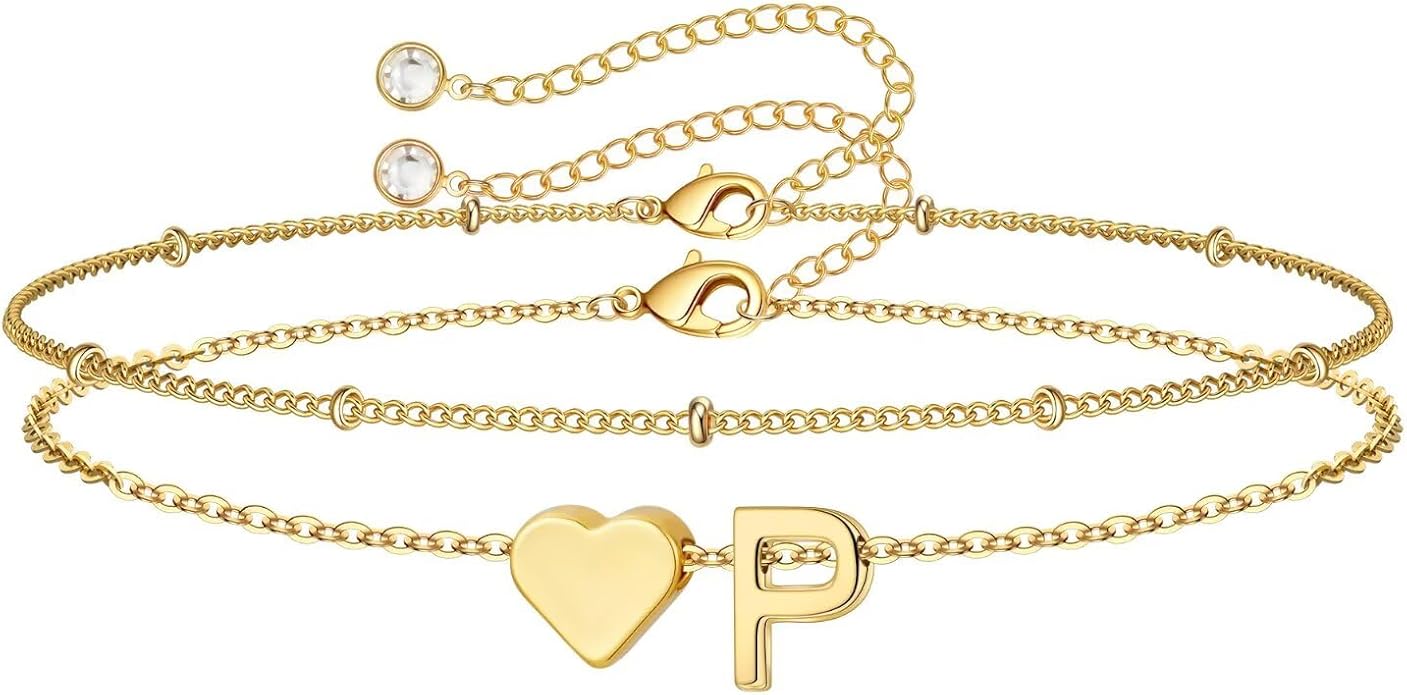 M MOOHAM Valentines Day Gifts for Kids Teen Girls -14K-Gold-Plated Heart Initial A-Z Bracelets for Women Girl Dainty Gold Bracelets Birthday Valentines Gifts for Women Her Teenage Girls Kid Teen Gift