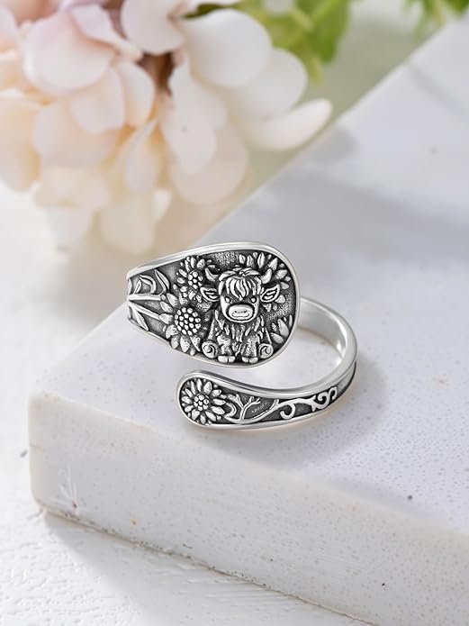 Midari Sun and Moon/Bee/Celtic/Life of Tree/Lotus Spoon Ring for Women 925 Sterling Silver Adjustable Ring Open Ring for Women Men Halloween Birthday Gift