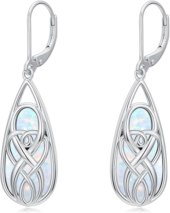 Teardrop Drop Dangle Earrings for Women 925 Sterling Silver Turquoise/Moonstone/White Opal Earrings Celtic Design Boho Jewelry Gifts for Mom Wife Sister