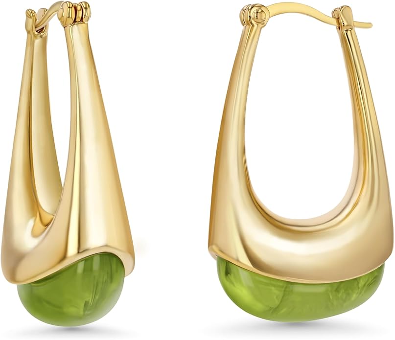 Long Oval Chunky Dangle 18K gold plated Hoops with Colored Resin Gemstone Statement Earrings for Women by SNGIA, (Green, Brown, Blue, Pink, White, Cream), Bold Drop Handmade Exaggerated Irregular Trendy Bohemian Jewelry Gifts, Unique Dangling Teardrop ...