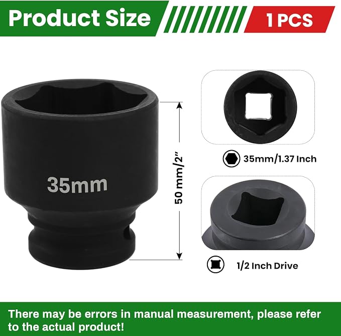 1/2" Drive 35mm Deep Impact Socket, 6 Point Chrome Molybdenum Steel Heavy Duty - Image 2