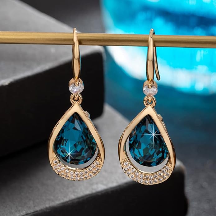 Austrian Crystal Halo Teardrop Hollow Drop Dangle Earrings for Women 14K Rose Gold Plated Hypoallergenic Jewelry Gifts
