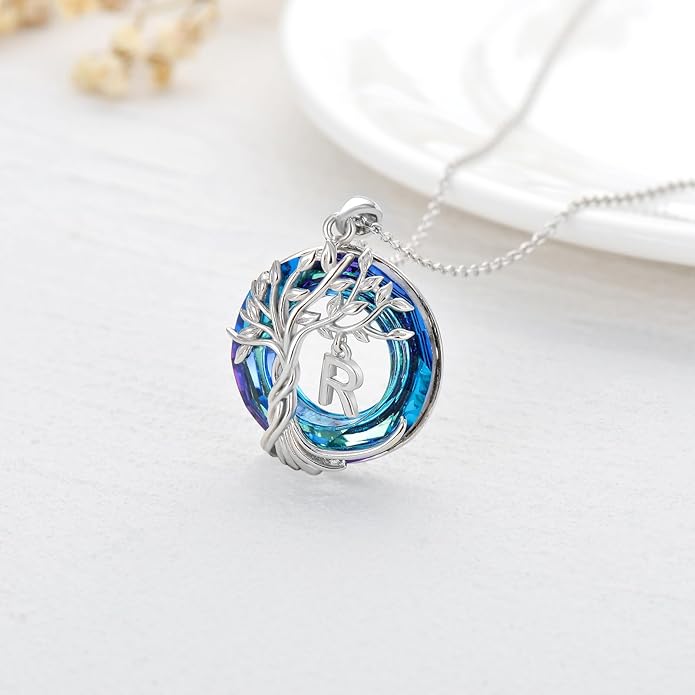 TOUPOP Gifts for Women Tree of Life Necklace 925 Sterling Silver Initial Pendant Family Tree Crystal Jewelry Valentine's Day Birthday Gifts for Her Mom Wife Girlfriend Daughter