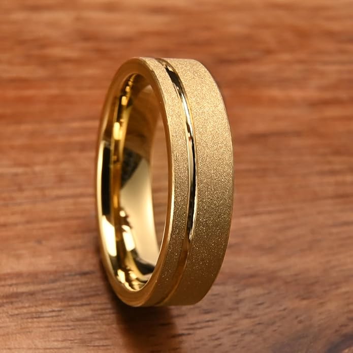 Golden Tungsten Carbide Ring for Men Women 8mm/6mm Sandblasted Inlaid Groove Men's Engagement Wedding Bands Fashionable and Luxurious