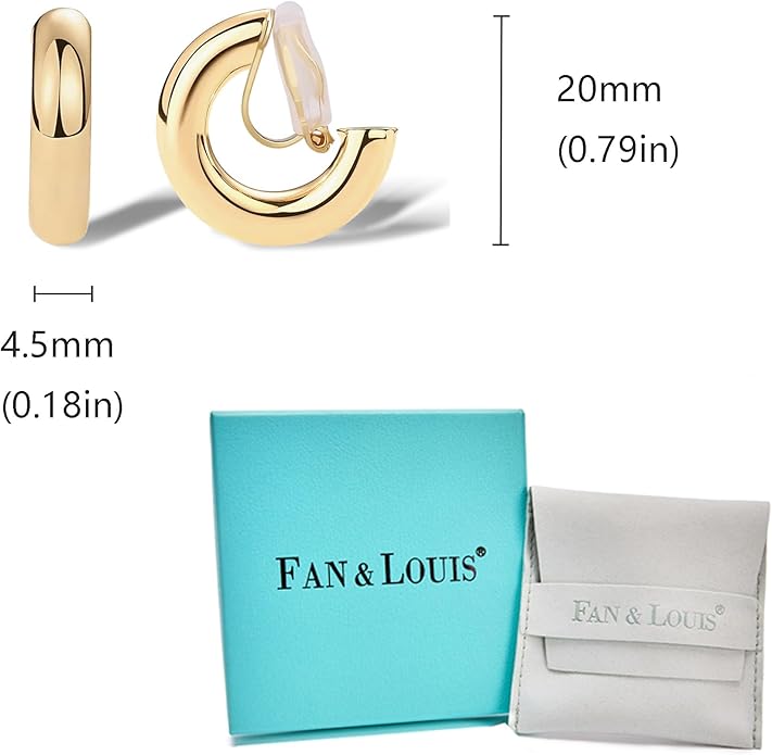FAN&LOUIS Gold Clip On Hoop Earrings,Gold Silver Chunky Small Open Hoops Clip-On Earrings for Women Trendy Non-Pierced Ears Lightweight Teen