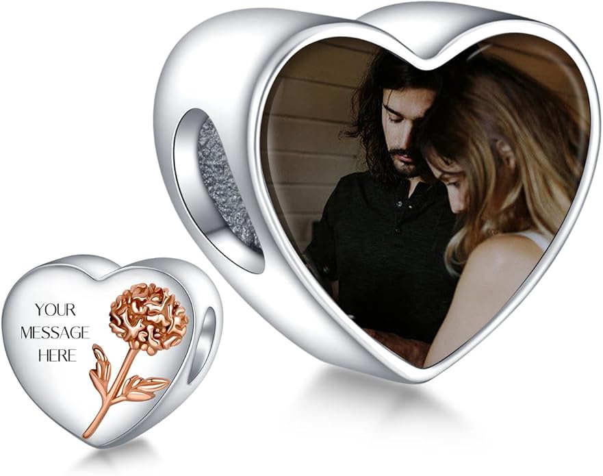 Annmors Personalized Photo Charm for Bracelet Necklaces,925 Sterling Silver Charm Love Heart Shaped Engraved Customize Picture Gift for Birthday Mother's Day Christmas,Bead Charms Jewelry for Women