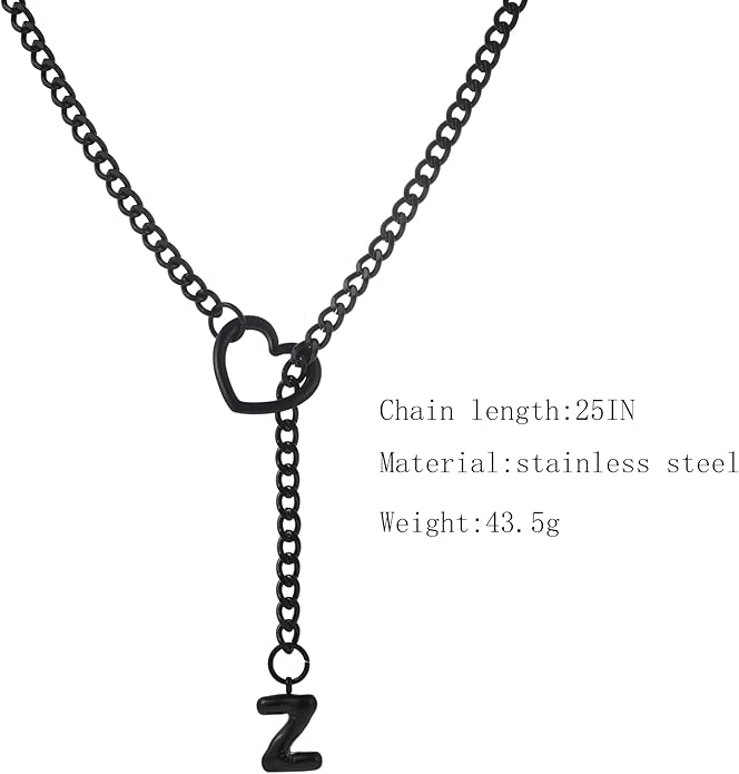 Black Heart Slip Chain Initial Necklaces for Women,Stainless Steel O-Ring Adjustable Lariat Heart Y-Necklace,Punk Gothic Cuban Collar Choker Necklace for women