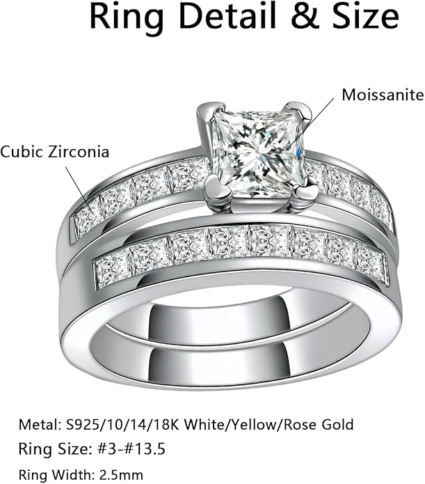 1 to 5 Carat Moissanite Ring Set S925/10K/14K/18K Gold, Princess Cut VVS1 Clarity D Color Moissanite Engagement Rings Set Luxury Bridal Jewelry Wedding Gifts for Women