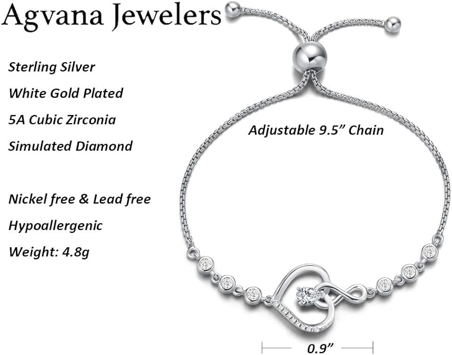 AGVANA Valentines Day Gifts Heart Birthstone Bracelets for Women Sterling Silver Genuine or Created Gemstone Tennis Bracelet Infinity Love Jewelry Anniversary Birthday Gifts for Wife Mom Women