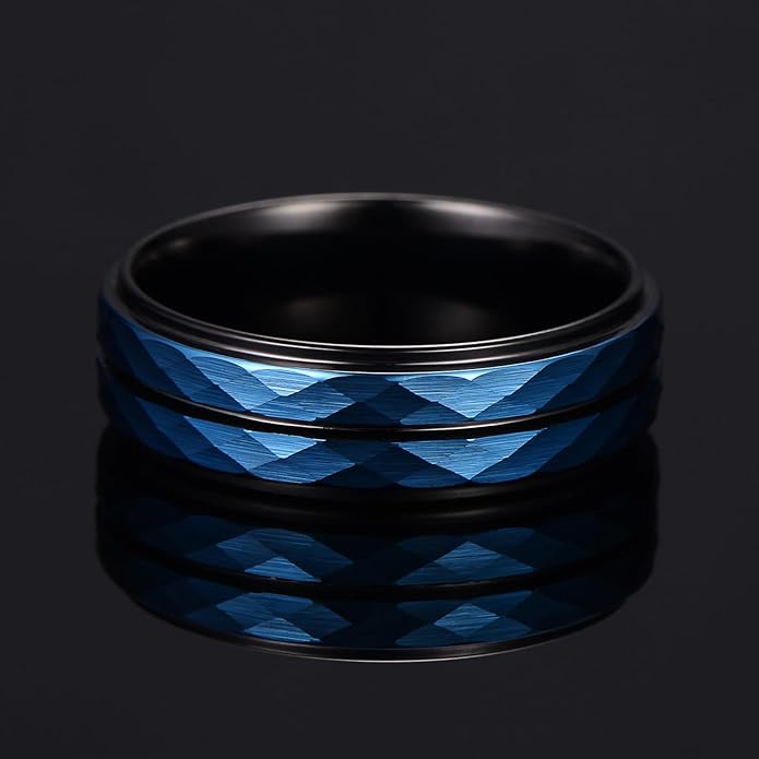| Faceted Rail Band - 8mm Wide Black Tungsten Wedding Ring with Blue Texture