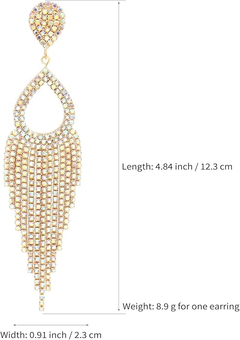 Rhinestone Teardrop with Long Tassel Earrings Sparkly Dangle Earrings for Women
