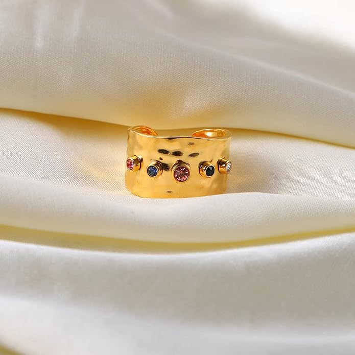 18K Gold Plated Wide Rings,Zirconia Stainless Steel Adjustable Rings for Women,Fashion Jewelry for Women