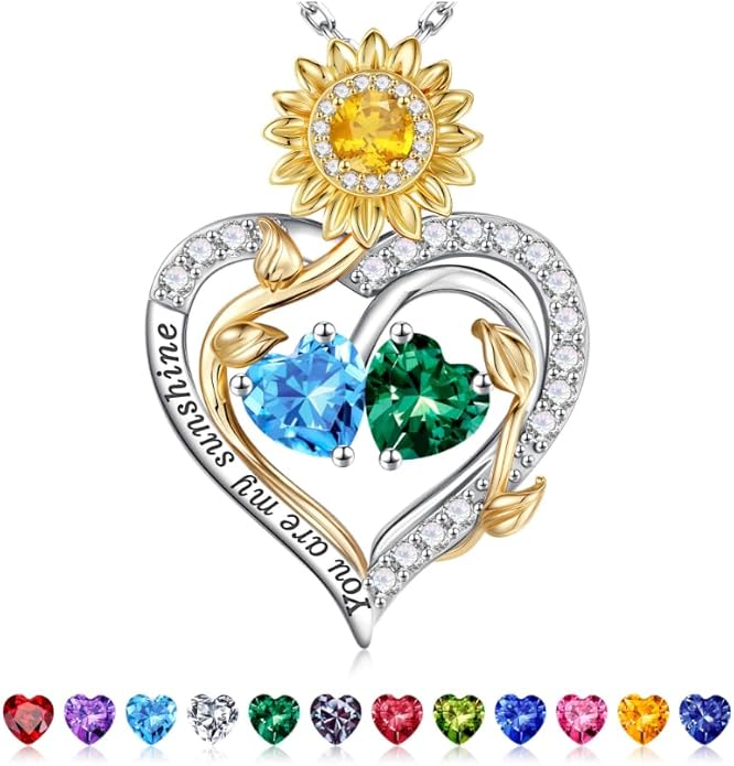 Iefil Valentines Day Gifts for Her - 925 Sterling Silver Sunflower Double Birthstone Necklace for Women, Anniversary Birthday Gifts for Wife, You Are My Sunshine Necklaces, Jewelry for Wife Mom