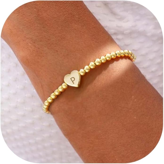 Valentines Day Gifts for Women Her - Dainty Beaded Heart Initial Bracelets Letter A-Z Charm Stretch Bead Ball Bracelet Trendy Jewelry Gifts
