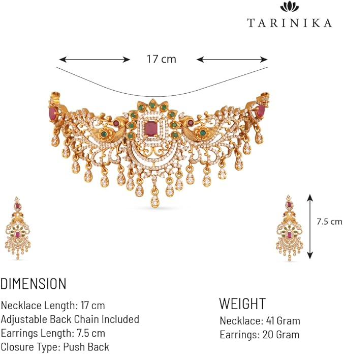 TARINIKA Brass Indian Choker Necklace Set - Gold Plated Cubic Zirconia Indian Jewelry Sets for Women Dangle, Drop, Jhumka Earrings Traditional Desi Necklace Pearls Gift for her