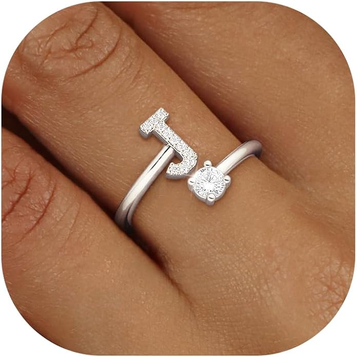 Valentines Day Gifts Gold Silver Initial Rings for Women Non Tarnish Dainty 14k Gold Plated Stackable Rings for Women Trendy Adjustable Letter Cubic Zirconia Pinky Ring Cute Open Birthday Gift Jewelry